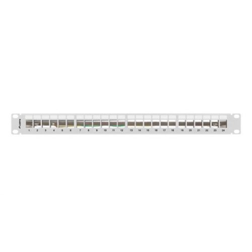 Lanberg Üres patch panel 24 port 1U 19" FTP, árnyékolt, tehermentesítővel, szürke